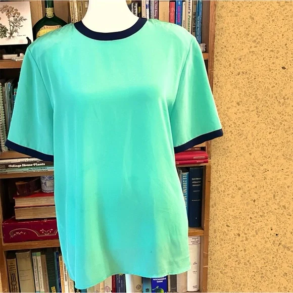 VTG 90s Turquoise and Navy Button Neck Closure Polyester Top | S - Picture 1 of 7